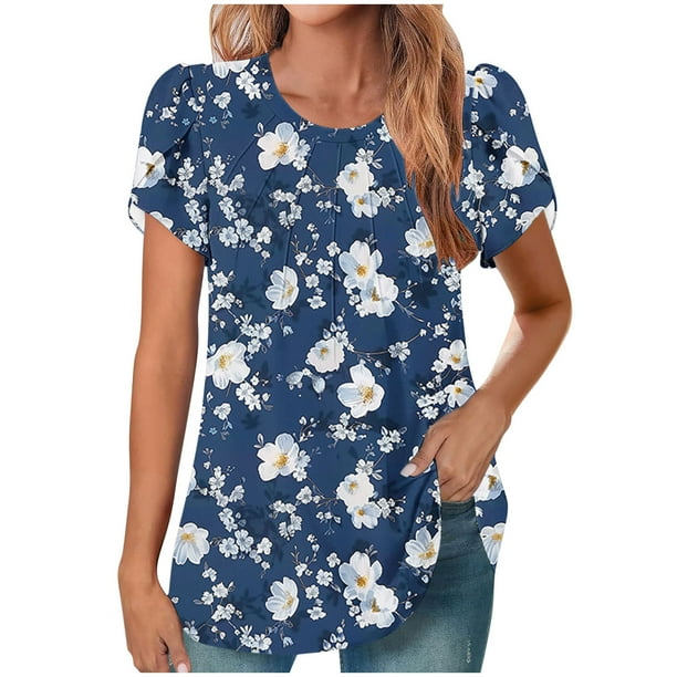 Mujeres de Manga Corta Tops Cuello Redondo Plisado Túnica, Tapa Casual Doblado Doblado Impreso Moda