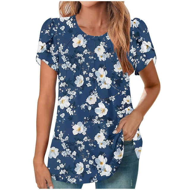 Mujeres de Manga Corta Tops Cuello Redondo Plisado Túnica, Tapa Casual Doblado Doblado Impreso Moda