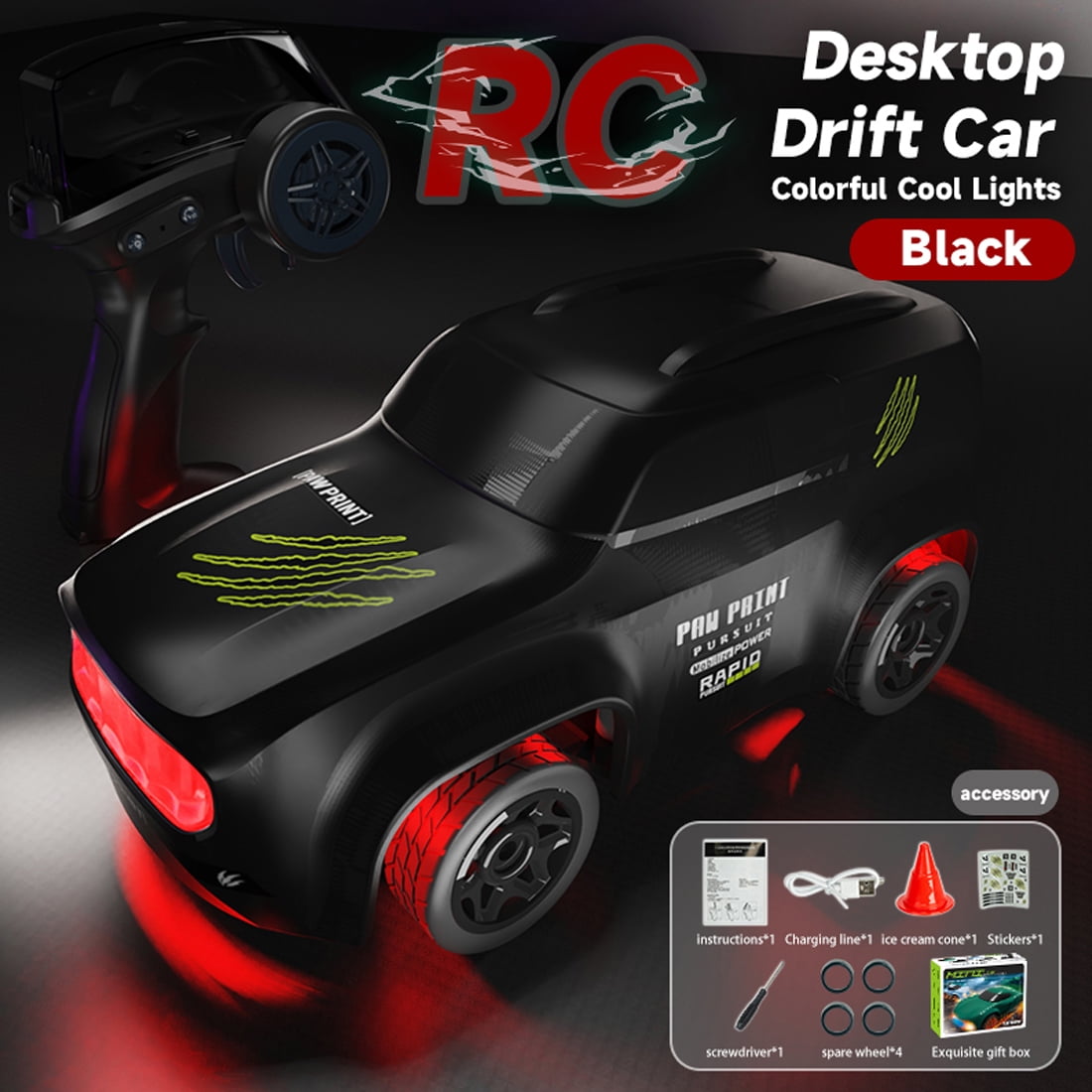 1:64 Mini 4WD RC Drift Car, Desktop High-Speed Racing Car 2.4G Proportional Remote Control, Colorful LED Lights & USB Charging –Toy for Adults