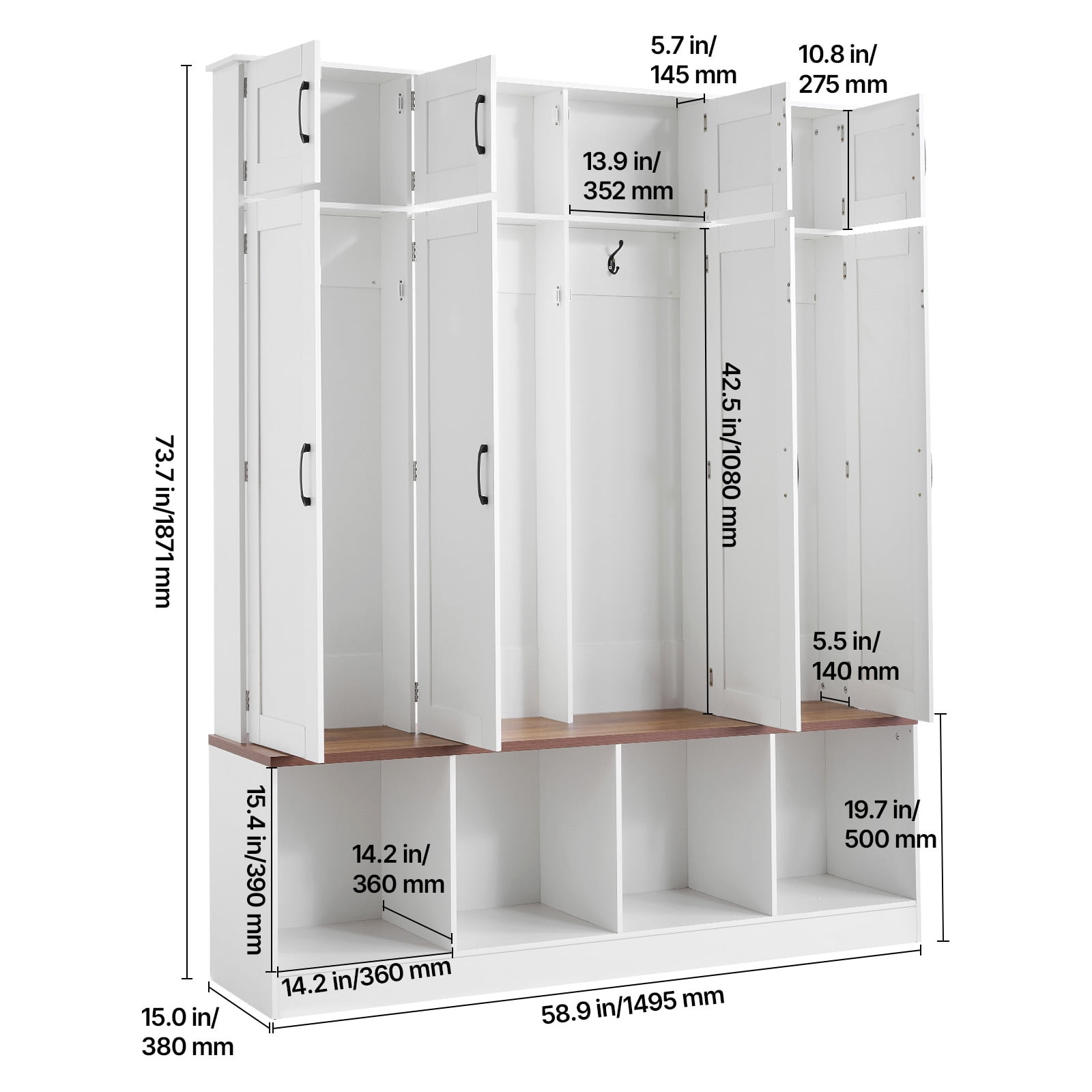 KFFKFF Entryway Hall Tree with Bench and Storage, 59" Wide, 4-in-1 Design Featuring Bench, Hooks, Storage Cabinet, and Shoe Organizer, Wooden Furniture for Mudroom, Hallway, and Entryway, White