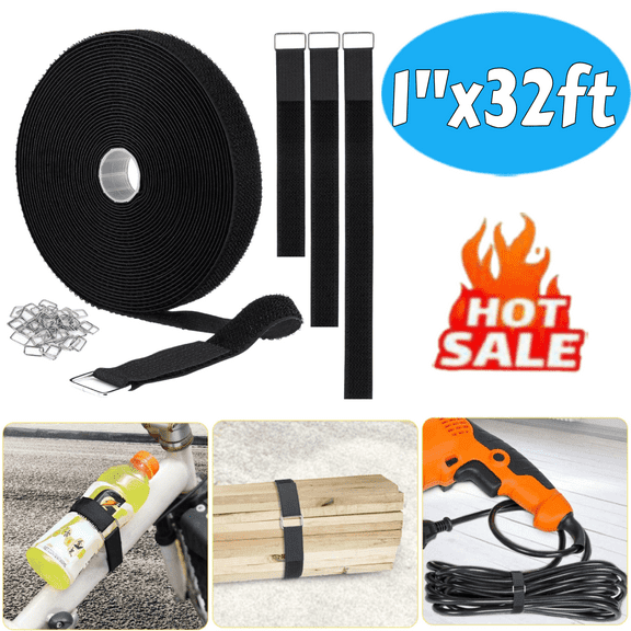 1"x32ft Hook and Loop Straps (Velcro Straps) with 50 Metal Buckles, Adjustable Nylon Strap Roll for Organizing, Securing & Storage, Black