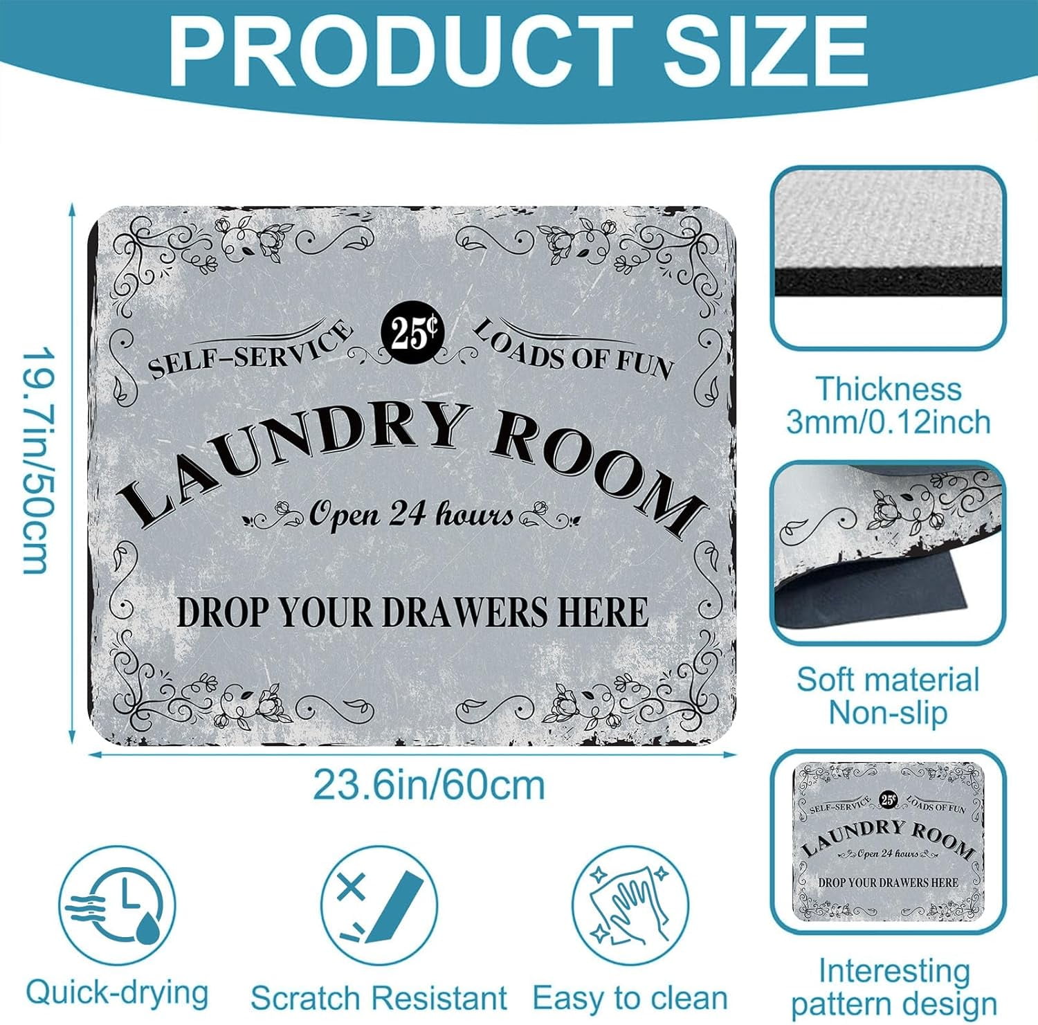 Non-Slip Washer & Dryer Top Cover Protector Mat Dust-Proof Washing Machine Cover Pad With Vintage Gray Laundry Sign Design Universal 23.6"x19.7" for Laundry Room & Kitchen Decor