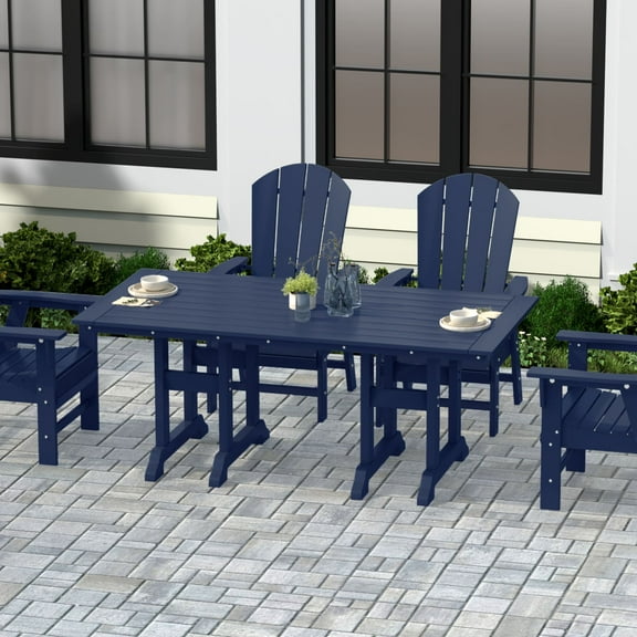 WestinTrends Malibu Outdoor Dining Table for 6, All Weather Poly Lumber Adirondack 71" Trestle Long Dining Table with Umbrella Hole, Navy Blue