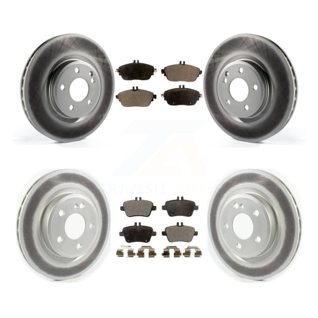 Transit Auto Front Rear Coated Disc Brake Rotors and Semi-Metallic Pads Kit for Mercedes-Benz GLA250, CLA250, and INFINITI QX30. Includes two front and two rear coated disc brake rotors, front and rear semi-metallic brake pad sets, and hardware. Designed for specific models with vented rear rotors or sport packages. Features PowerGrip™ semi-metallic formula for high braking power, Carbon-Enhanced G-Cast™ iron castings for durability, and fiber-reinforced multi-layer shims for noise reduction. Suitable for 2015-2020 Mercedes-Benz GLA250, 2014-2016 Mercedes-Benz CLA250 AWD, 2017-2018 Mercedes-Benz CLA250, and 2017-2019 INFINITI QX30.