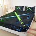 thumbnail image 3 of jejeloiu Neon Glowling Lightsaber Twin Sheet Sets,Abstract Geometric Honeycomb Twin Fitted Sheet,Green Blue Hexagon Flat Sheet For Kids,Luxury Bedroom Decor,3 Pieces, 3 of 7