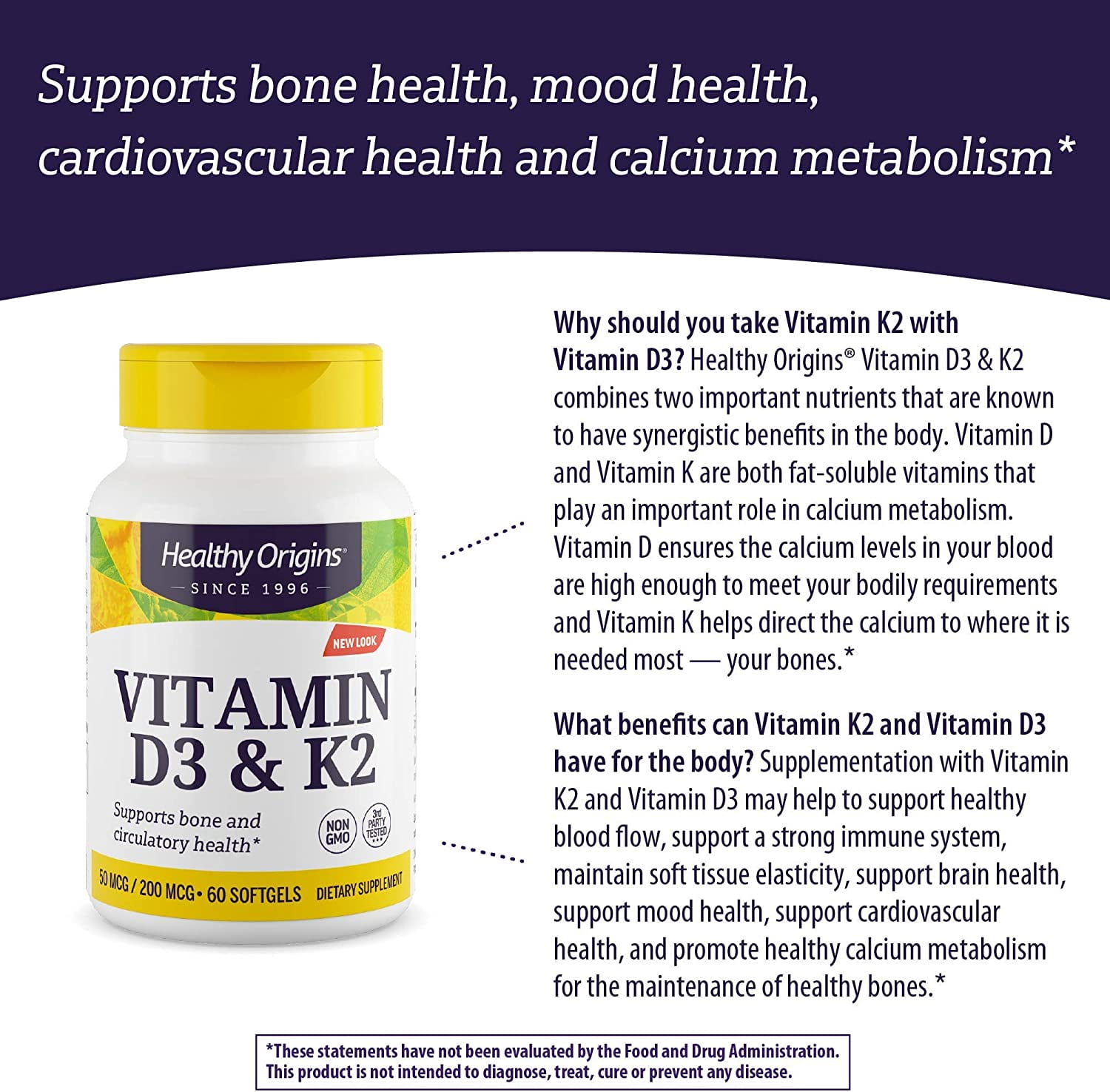 Healthy Origins Vitamin D3 2,000 IU (50 mcg) & K2 200 mcg (Non-GMO, 3rd Party Tested, Bone Support, Cardiovacsular Support), 180 Softgels