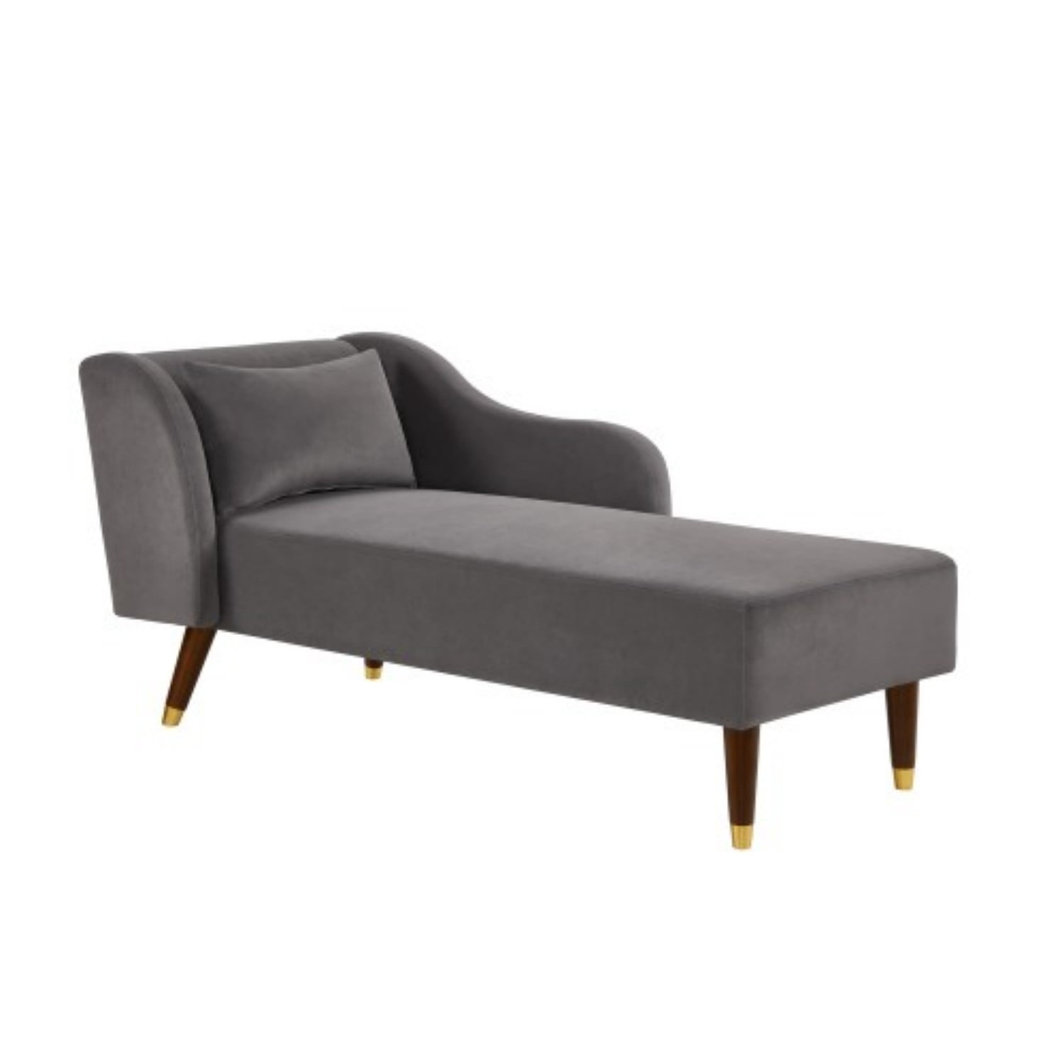 Velvet Chaise Lounge Chair, Modern Upholstered Accent Sofa with Curved Armrests, Solid Wood Legs & Pillow, Luxury Lounge Chair for Living Room, Bedroom, Reading Nook, Grey