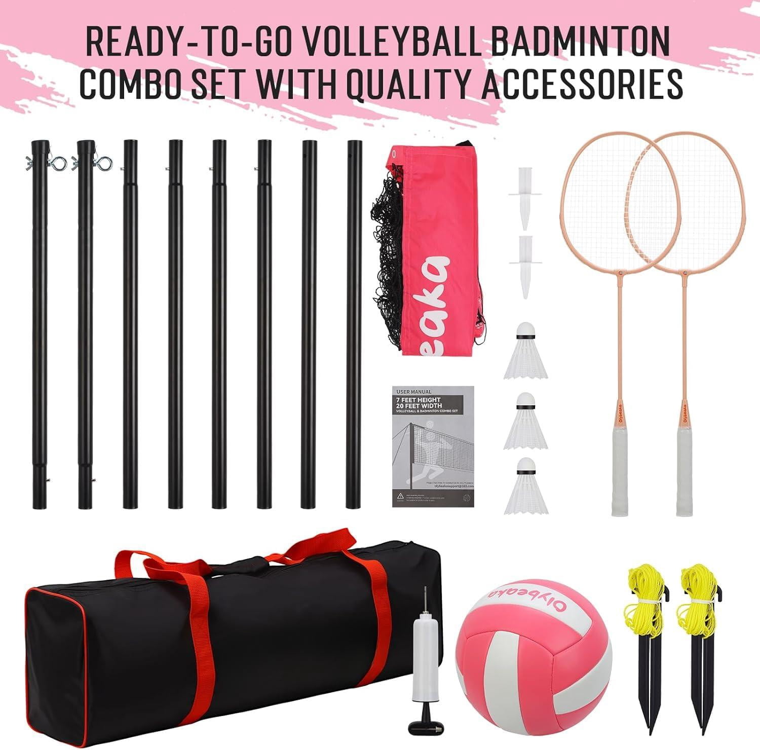 20ft Outdoor Volleyball & Badminton Combo Net Set For Backyard Beach With Adjustable Poles  Durable Anti-sag Pu 2 Aluminum Rackets