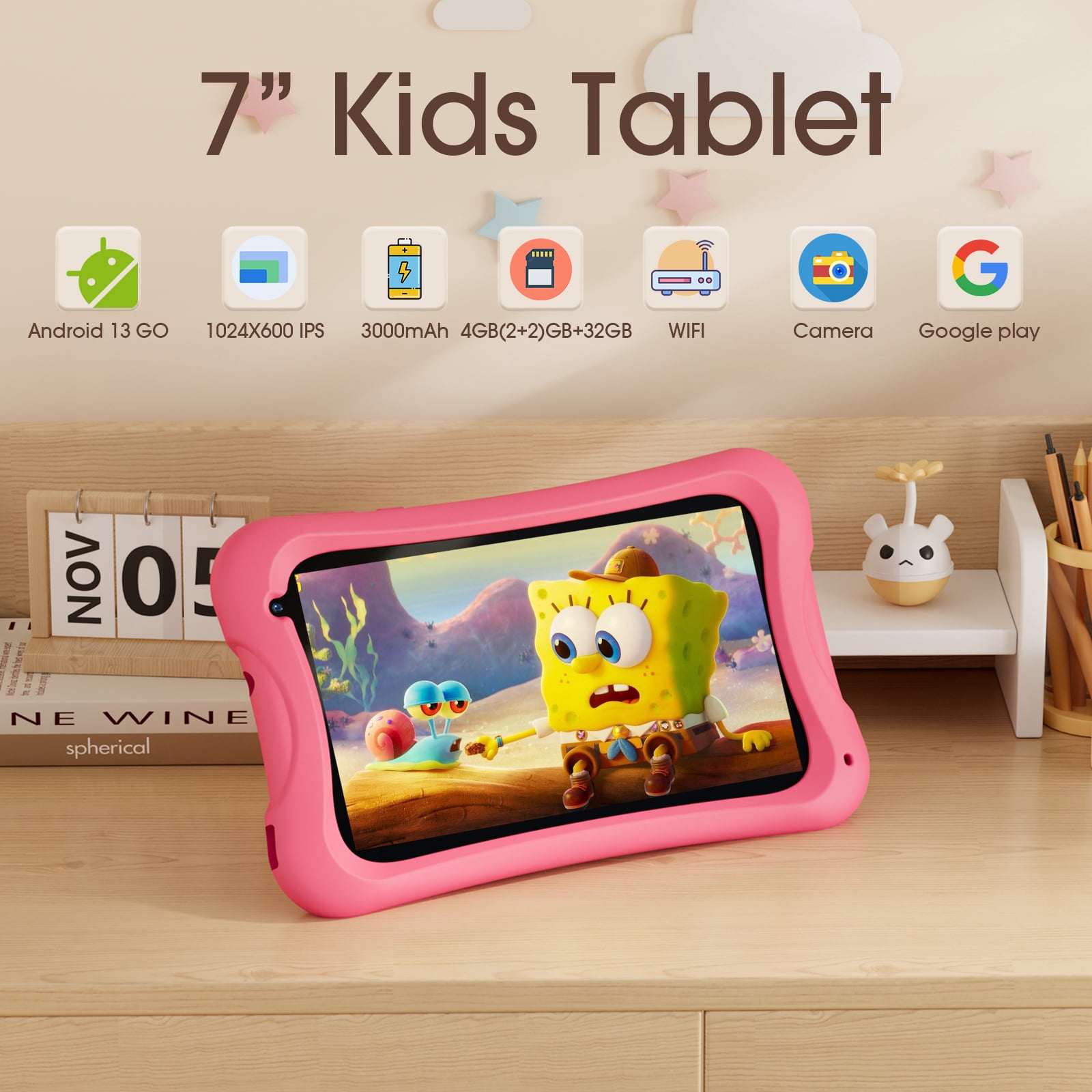 Digiland Kids Tablet 7 inch,Android 13 Go Quad Core Tablet for Toddler with IWAWA App, 32GB ROM+5GB RAM,Parent Control,Wi-Fi,Pink