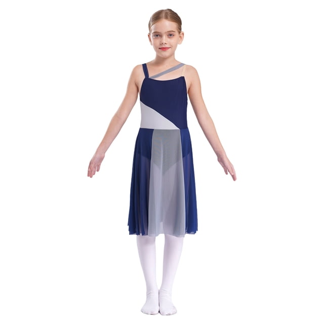Oyolan Robe de Danse Sans Manches en Maille Transparente pour Filles, Justaucorps de Danse Moderne, Vêtements de Performance, Bleu Marine 10