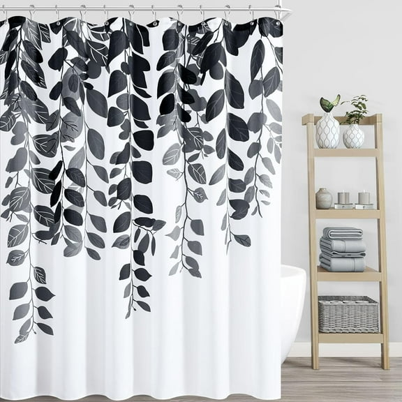 Black Floral Shower Curtain for Bathroom Black and White Eucalyptus Shower Curtain Watercolor Grey Leaves Shower Curtain Nature Botanical Bathroom Set Mens Flower Spring Plant Bath Decor 72x72