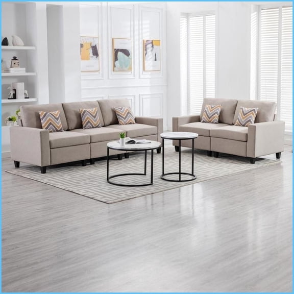 Nolan 95.5” Beige Linen Sofa & Loveseat Set | Square Arms | Living Room | Interchangeable Legs 5 Pillows
