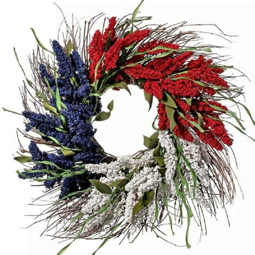 Fourth of July Wreath 17.7 inch, Patriotic Wreath for Front Door, Red White Blue Wreaths Independence Day, Memorial Day Americana Wreath Decor