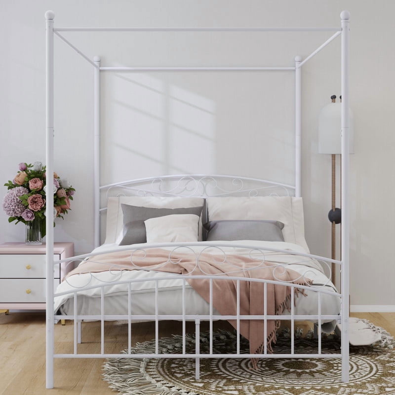 Caxkun Queen Size Canopy Bed Frame Four-Poster Metal Platform Bed with Headboard and Footboard Sturdy Heavy Duty Steel Slat Support,White
