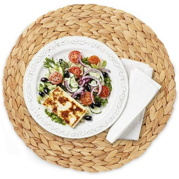 4 Pack, Round Woven Placemats, Natural Water Hyacinth Wicker Place mats, Braided Straw Table Mats for Dining Table, Fall, Halloween, Thanksgiving, Chrismats (11.8 inch)