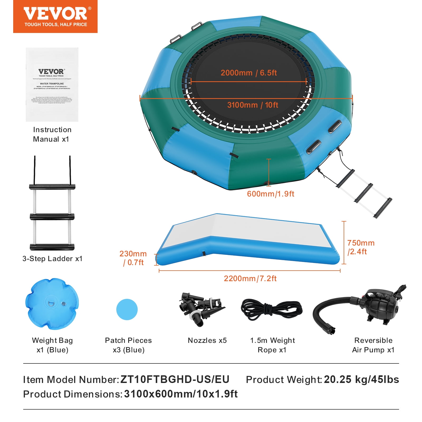 VEVOR Inflatable Water Bouncer, 10ft Recreational Water Trampoline, Portable Bounce Swim Platform with Slide,3-Step Ladder & Electric Air Pump,Kid Adult Floating Rebounder for Pool Lake Water Sports