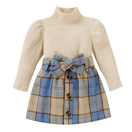 

Toddler Girls Long Sleeve Ribbed Turtleneck T Shirt Tops Plaid Prints Bow Tie Skirt Outfits