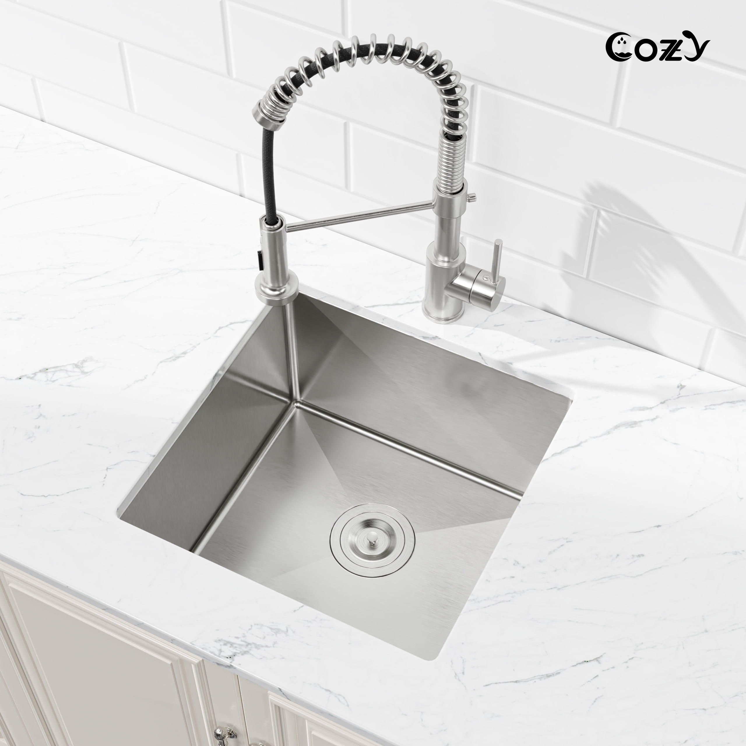 COZY 18″x18″ Stainless Steel Kitchen Sink, Single Bowl, Undermount Handmade Sink in Brushed Nickel, with US Standard Drain and Hook, SS-BR04D-181808