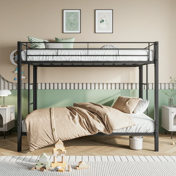 MAYEERTY Black Twin-over-Twin Metal Bunk Bed: Heavy-Duty with Shelf, No Box Spring Needed​