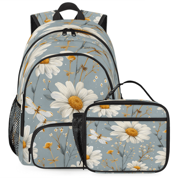 Herdesigns Daisy Floral Large Backpack Set with Lunch Box Lightweight Water Resistant Travel Laptop Backpacks Casual Daypacks for Women Men