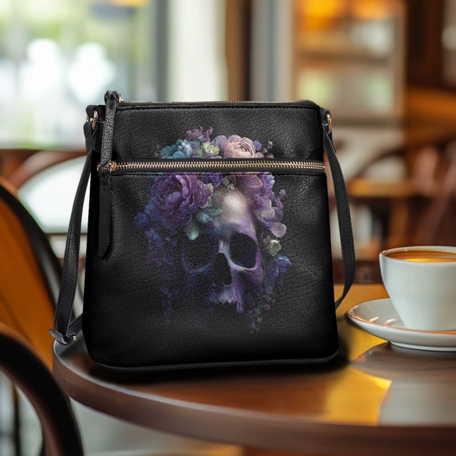DISNIMO Skull Peony Print Crossbody Handbag PU Leather Shoulder Bag Purse with Zipper Lightweight Fashion Messenger Handbag for Work Shopping Travel