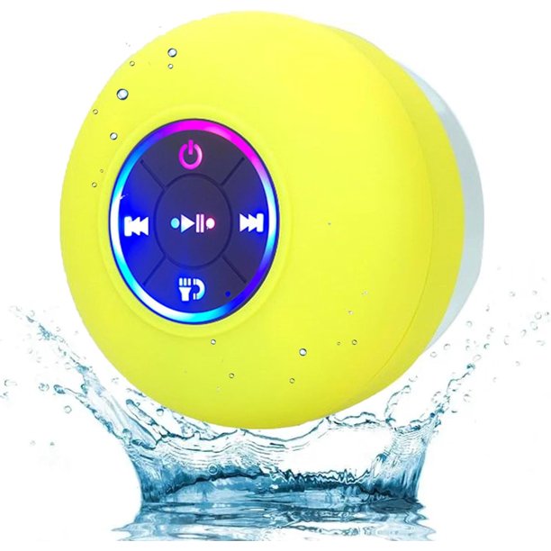 Mini altavoz Bluetooth para ducha con luz LED, portátil, resistente al agua IPX4, inalámbrico con ventosa, resistente al agua, color amarillo