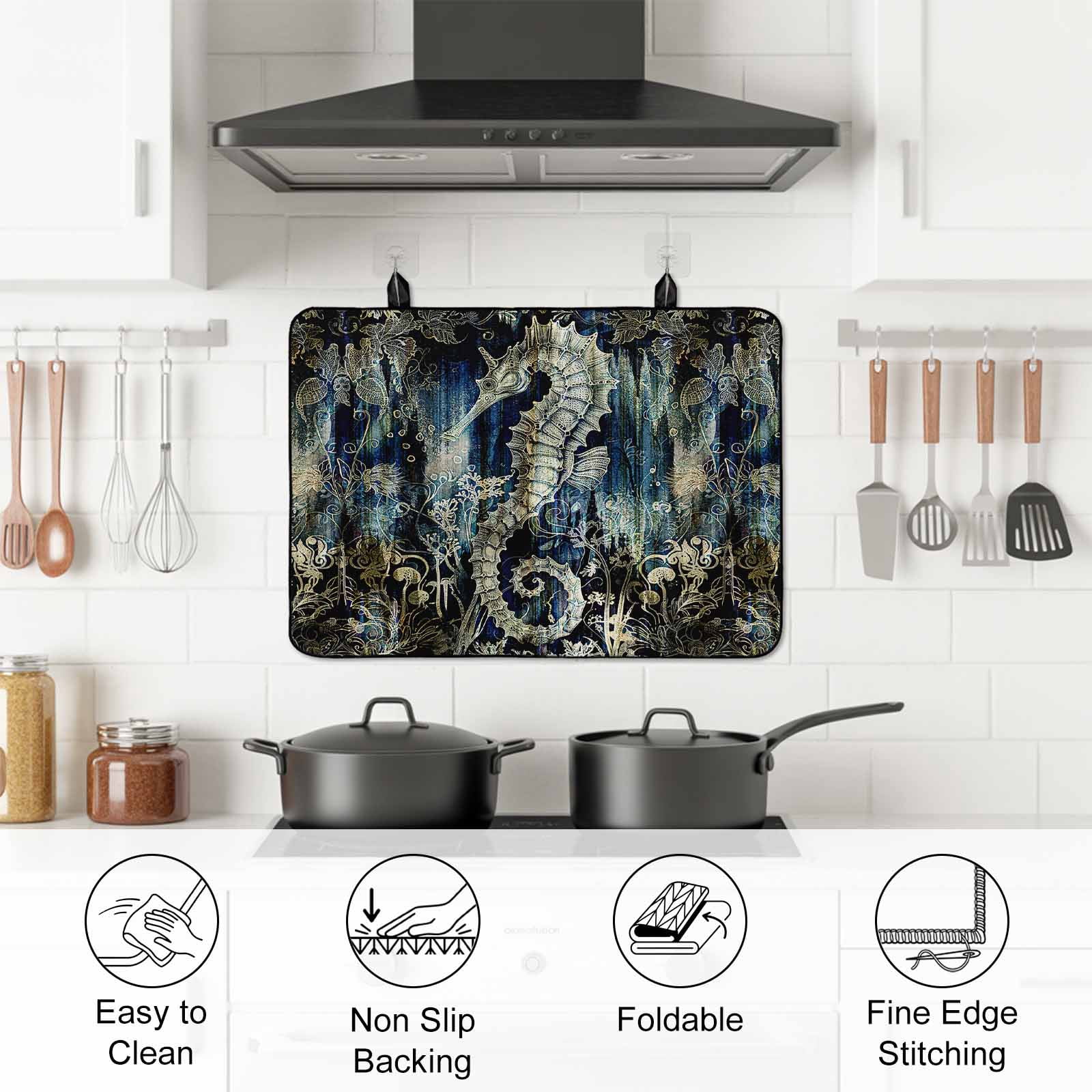 Sea Horse Stove Top Cover for Electric Stove, Heat-proof & Non Slip Glass Top Stove Cover Protector, Coastal Ocean Golden Navy Blue Floral Leaf Kitchen Flat Cooktop Rubber Mat 24x21 Inches