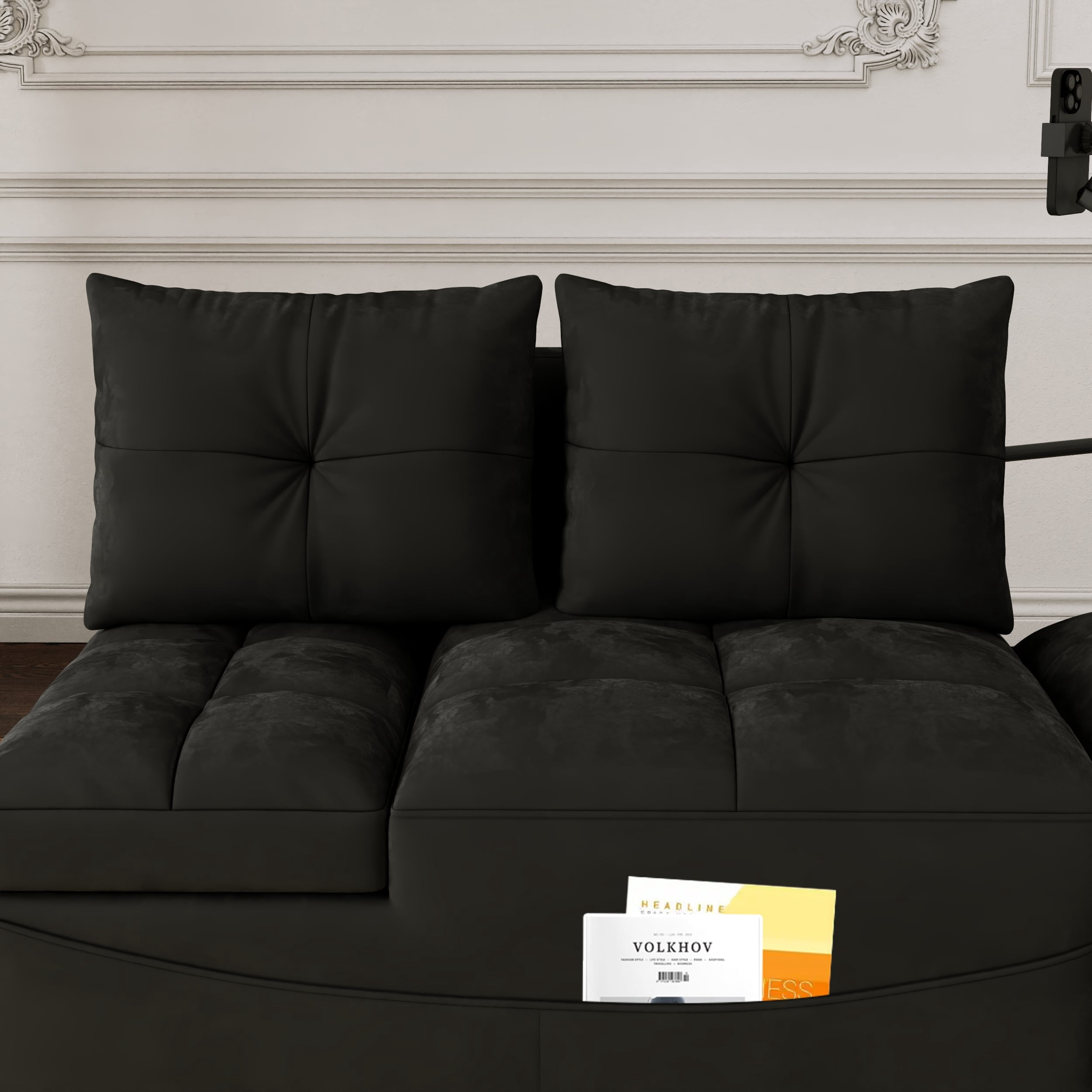 Leumius Folding Sofa Bed, 3 Lengths Available, Modern Sofa Velvet Pull-Out Bed, Loveseat with Adjustable Backrest, USB Port and Rotating Phone Holder, Black.