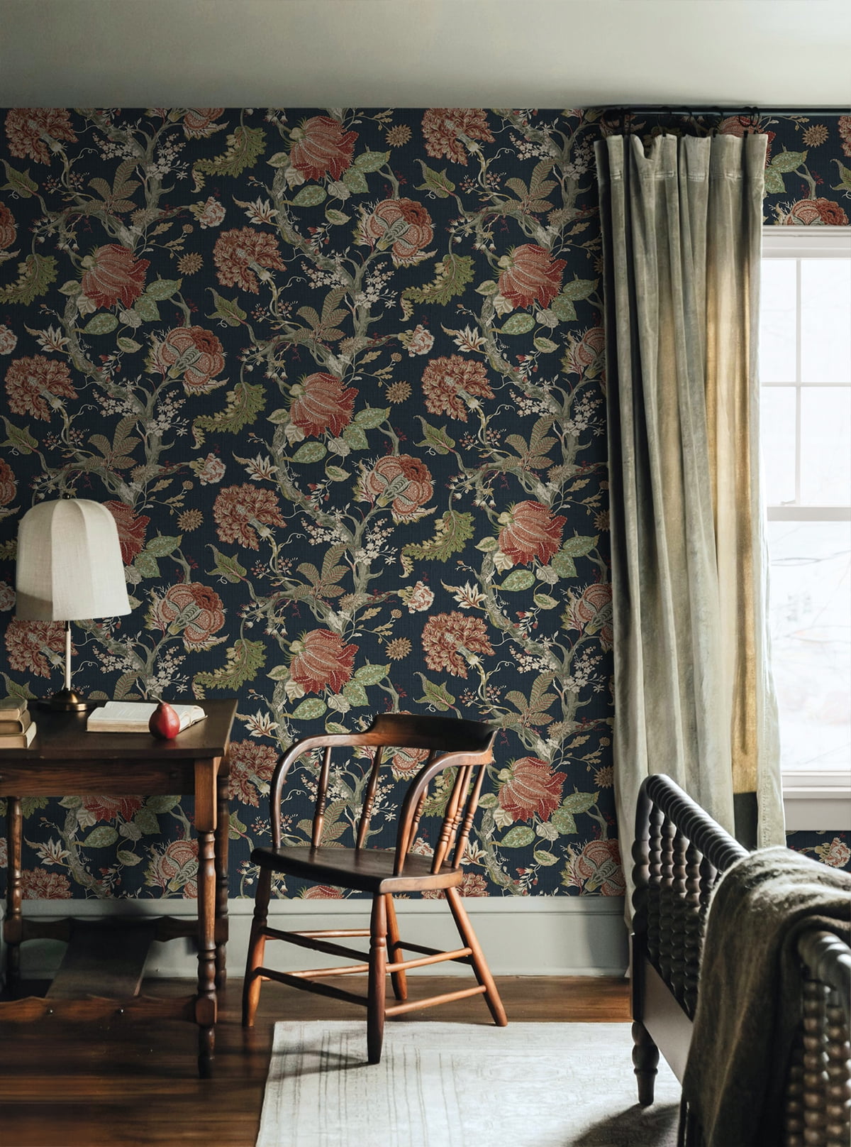 Harry & Grace Midnight Blue & Carmine Jacobean Trail Premium Matte Non-Woven Peel and Stick Wallpaper - 20.5 in. W x 18 ft. L Roll