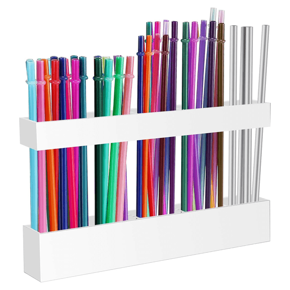 Prichor 9.3 Inch Large Acrylic Straw Holder for Cabinet Door, Reusable Tumbler Straw Organizer, Small Kitchen Accessories Container with Adhesive Mount, White