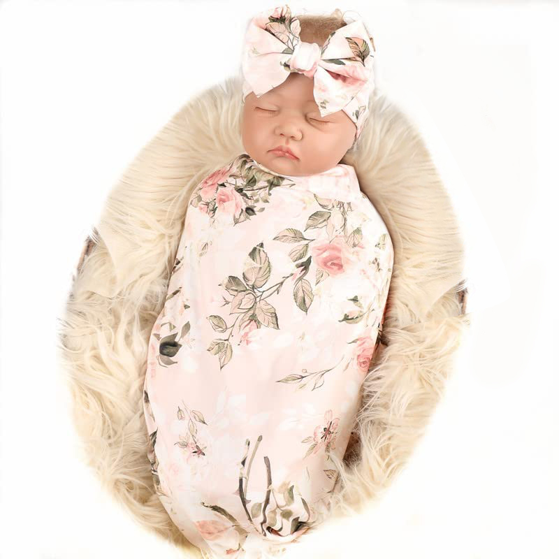 Newborn Receiving Blanket Headband Set Flower Print Baby Swaddle