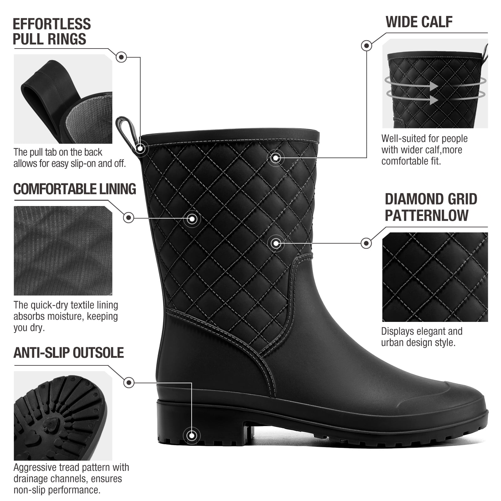 HISEA Women's Waterproof Mid-Calf Rain Boots, Lightweight, Slip-Resistant, Comfortable with Foam Insole,Black,Size 9