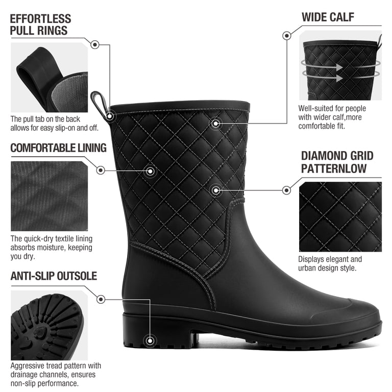 Hisea Womens Size 8 Wide Calf Black PVC Pull On Waterproof Garden Rain Boots Amazon.com | HISEA Women Rain Boots Slim Calf Tall  main image 2