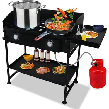 SONRET - Two Burner Propane Camping Gas Stove - with Side & Bottom Shelf and Wind Panel