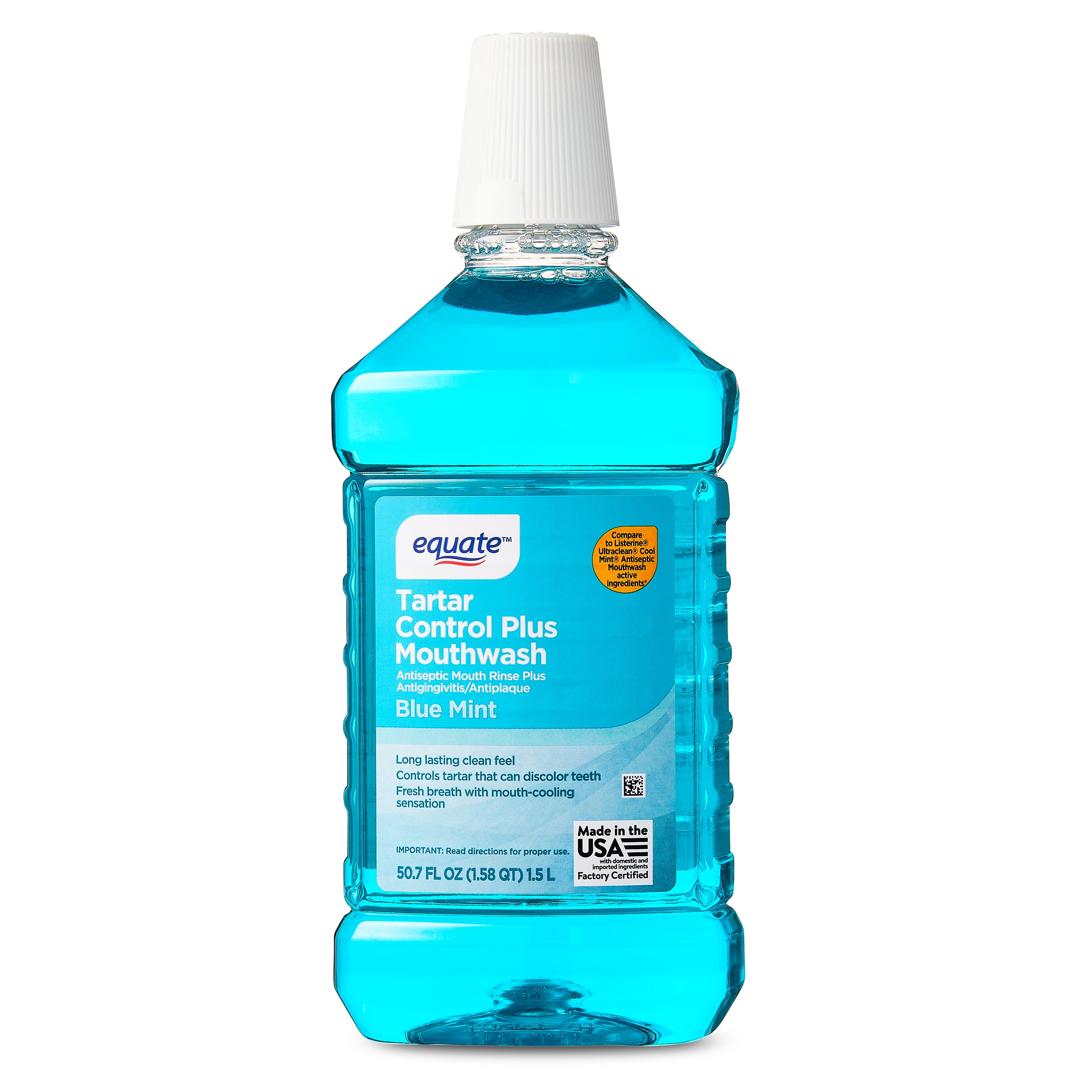 (4 pack) Equate Tartar Control Plus Mouthwash, Blue Mint, 1.5 L