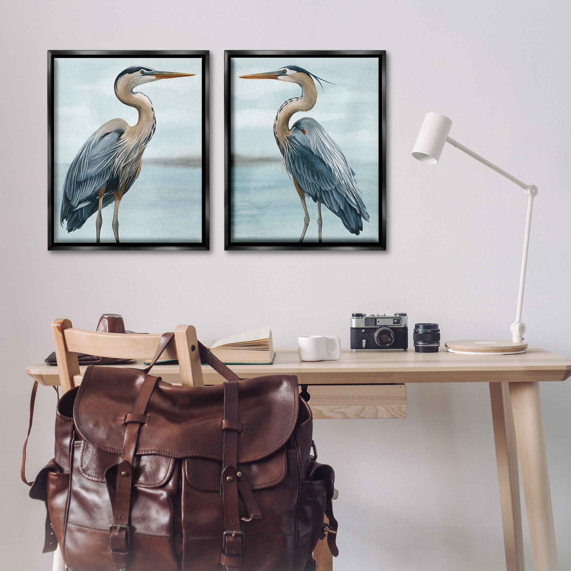Stupell Industries Detailed Heron Bird Duo Animals & Insects Painting Black Floater Framed Canvas Art Print Wall Art, 25 x 31, Set of 2