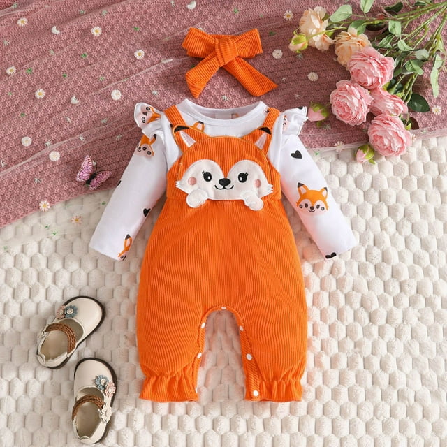 Stylish Toddler Girls Long Sleeve Romper Jumpsuit Set With Adorable Cartoon Print And Headband Accessory For Fall Winter Season