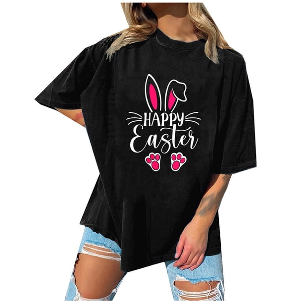 Blusa informal de manga corta con cuello redondo y estampado de Pascua para mujer Pompotops hfajkhk128208
