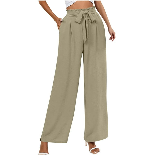 ohmzyzo Pantalon Long en Dentelle à Taille Élastique avec Poches pour Femmes, Couleur Unie