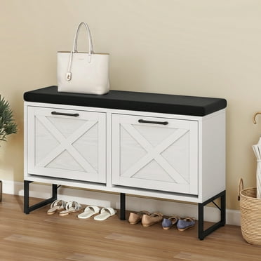 Dextrus Shoe Bench Cabinet with 2 Flip Drawer & Padded Cushion, Shoe Cabinet Entryway Bench Shoe Rack Storage Organizer for Living Room, Hallway, White