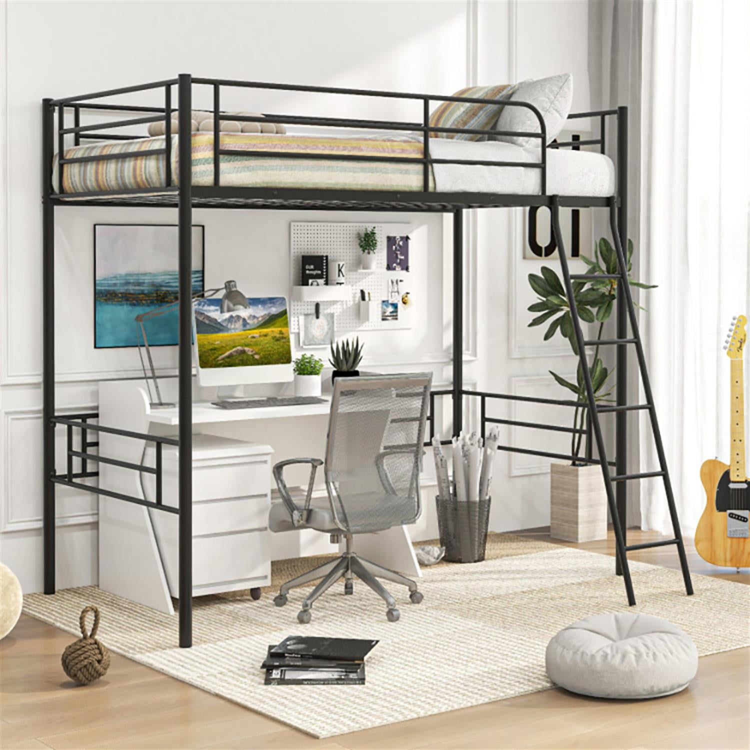 Demi Bonn Twin Metal Loft Bed Frame with Ladder and Metal Slats Support, Twin, Black