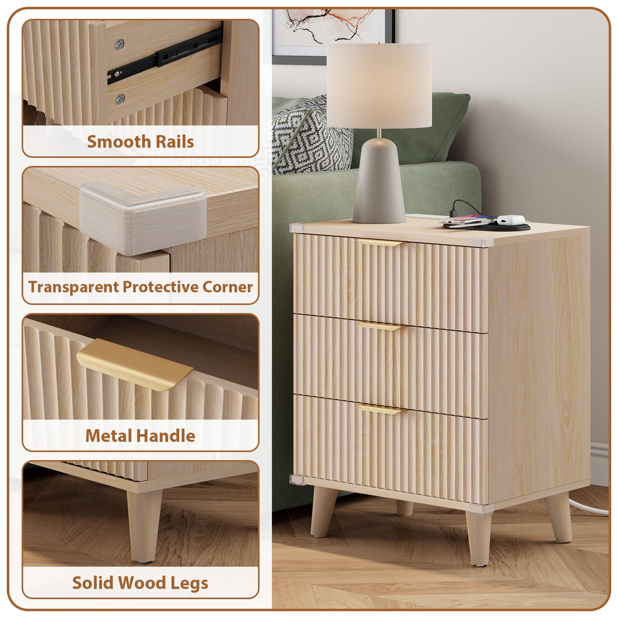 Laintene 3-Drawer Dresser for Bedroom, Nightstand with Charging Station - Modern Fluted with Solid Wood Legs, 2 AC Outlets & 2 USB Ports, Small End Table with Storage, Natural