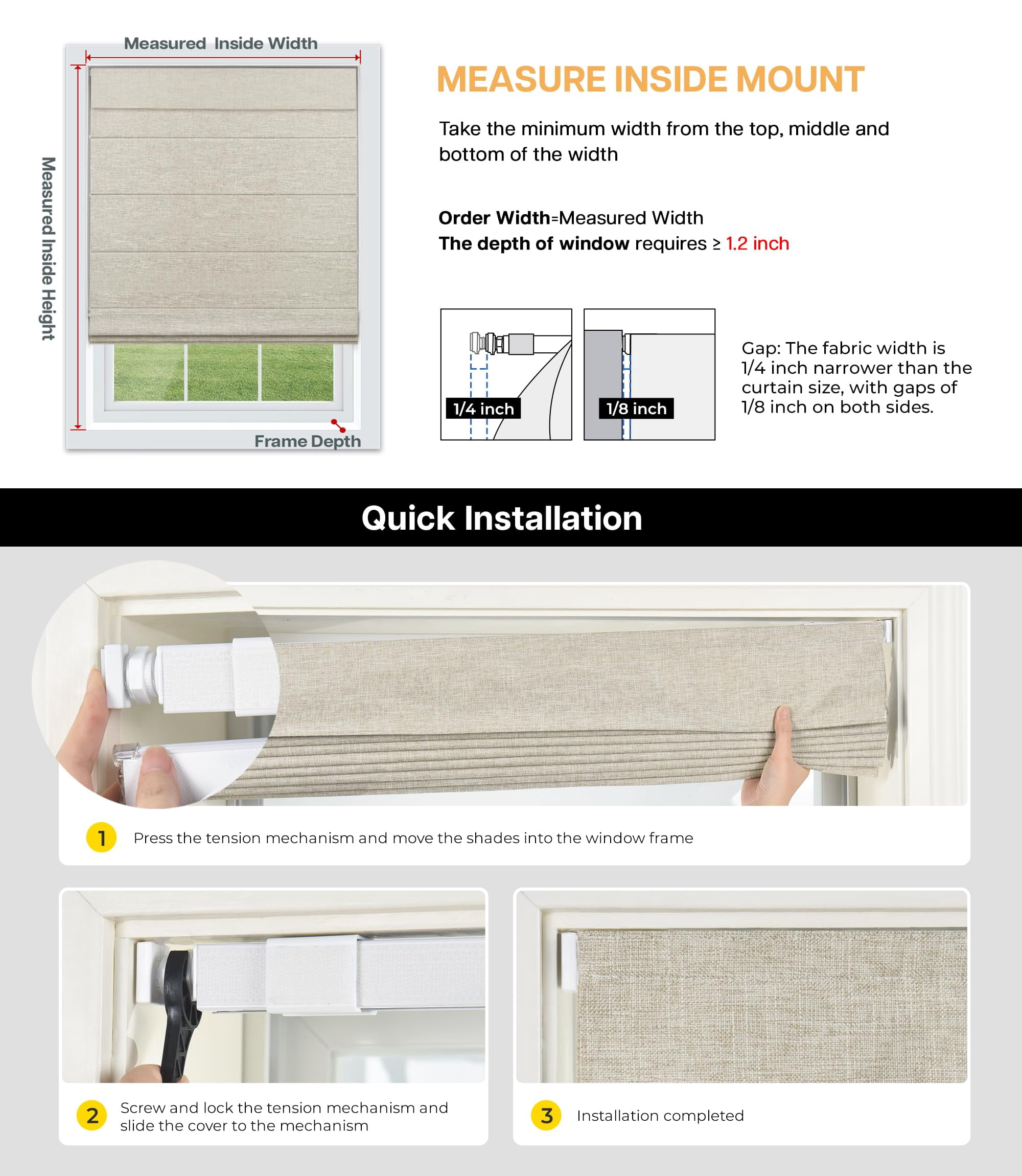 LazBlinds No Tools No Drill Cordless Roman Shades for Windows, Blackout Thermal Insulated UV Blocking Window Blinds, Lightweight Fabric Blinds for Indoor Windows, 44" W x 60" H, Blackout - White