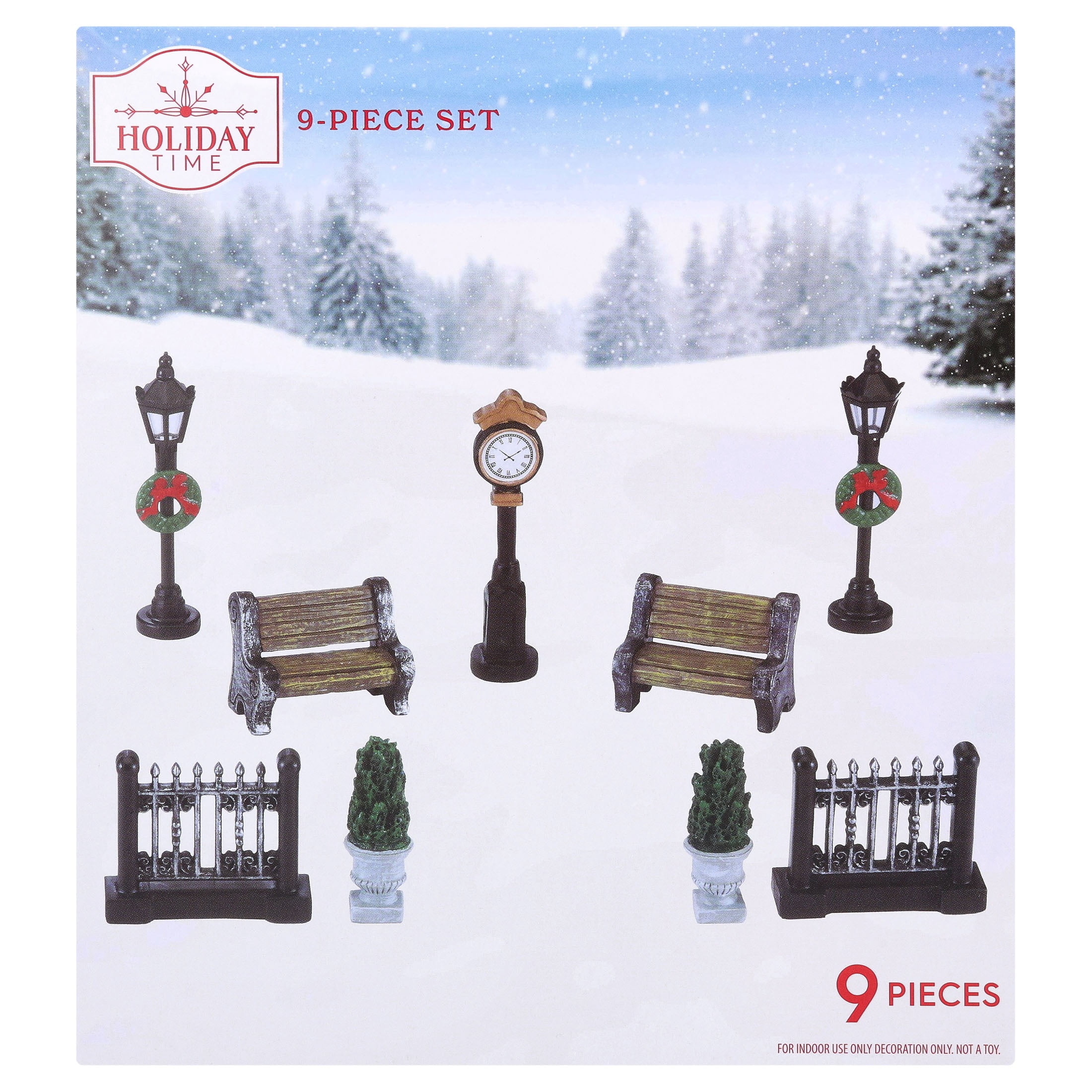 Christmas Village Decorative Figurine Accessory Set, Multicolor, 9 Pieces, by Holiday Time