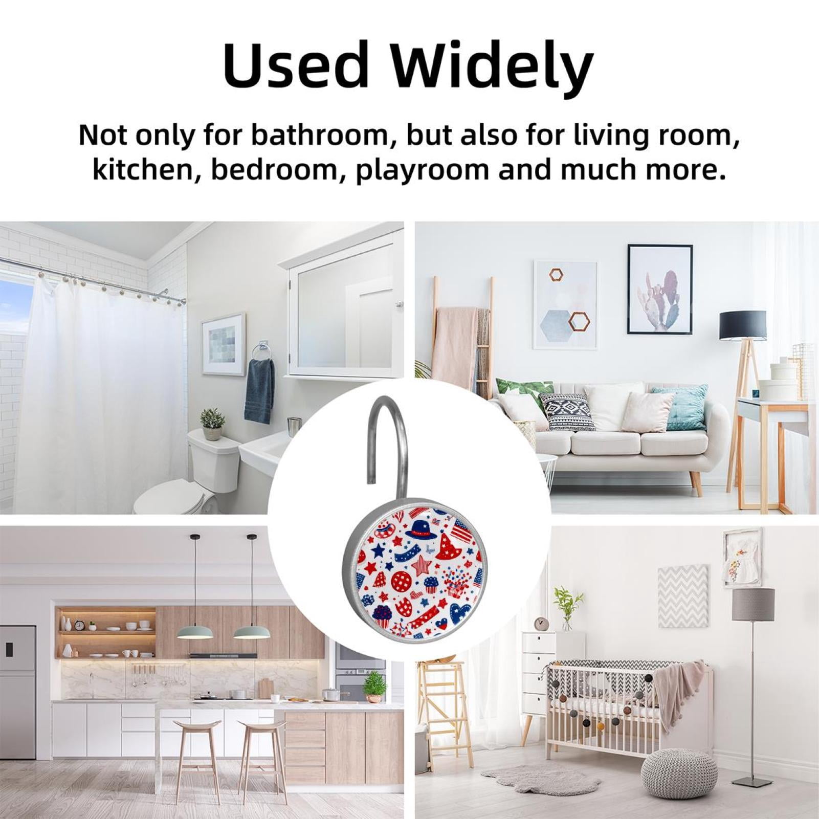 12pcs Decorative Shower Curtain Hooks, Rust Resistant Shower Rings for Bathroom Living Room,Rustproof Stainless Steel Rings for Shower Curtain and Liner Rods,4th of July Hats