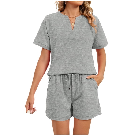 Two Piece Sets for Women Summer V Neck Lounge Short Sets Short Sleeve Drawstring Sweatsuit with Pockets