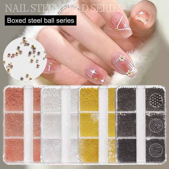 Soumake 1 Box Mini Steel Beads Shiny Three-dimensional Non-porous Solid Tiny Beads DIY Nail Art Accessories Nail Art Decoration Caviar Beads Set Manicure Supplies