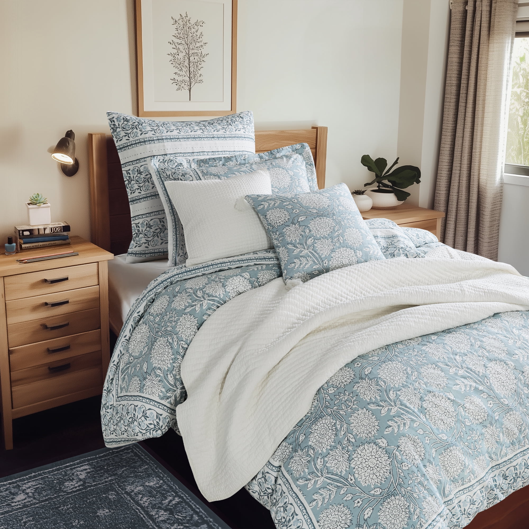 Levtex Home - Adare Blue Duvet Cover Set - Full/Queen Duvet Cover + Two Standard Pillow Cases - Bordered Floral - Blue, Navy and White - Duvet Cover (90 x 94in.) and Pillow Case (26 x 20in.) - Cotton