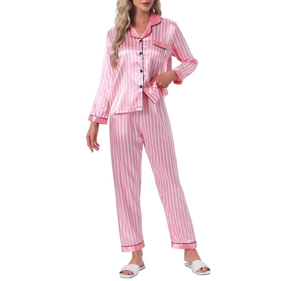 DARING DIVA Women's Satin Pajama Set Silky Long Sleeve Button Down Sleepwear S Pink