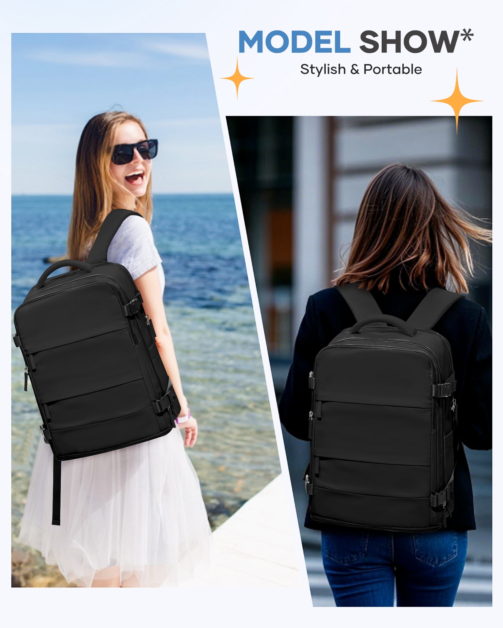 Lightweight Backpack Women, Men Carry On Backpack,Hiking Backpack Waterproof Outdoor Sports Casual Daypack Airplane Approved Backpack Student School Bag Black